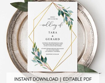 Greenery Gold Wedding Invitation Template, Printable Wedding Invitation, Geometric Wedding, Instant Download, Editable Invitation- TARA