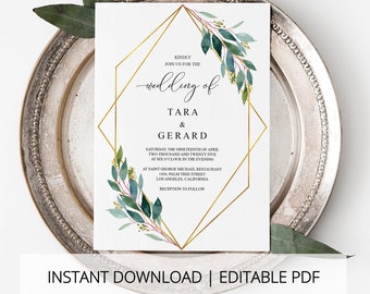 Greenery Wedding Invitation Set Template,Printable Wedding Invitation,Geometric Gold Wedding,Instant Download,Editable Invitation- TARA