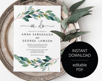 Greenery Outdoor Wedding Invitation Template, Printable Wedding Invitation, Rustic Wedding, Instant Download, Editable Invitation- Anna