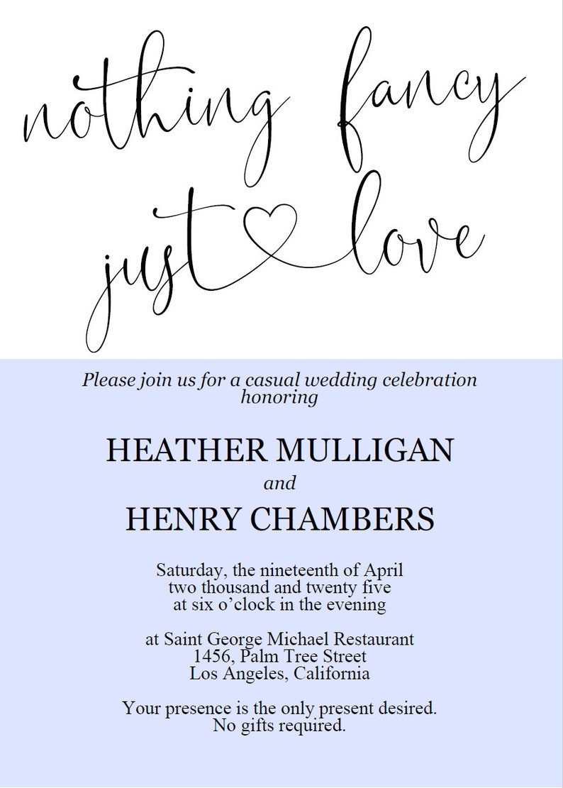 Nothing Fancy Just Love Wedding Invitation Template | Etsy