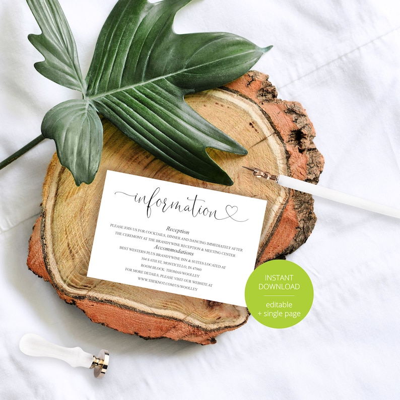 Heather Wedding Info Card Rustic Wedding Details Template Instant Download Information Card Wedding Details Card Template