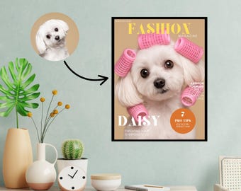 Pet Magazine Cover Wall Art, Funny Dog or Cat with Pink Curlers, Glam Pet Fashion Print, Salon Decor, Digital or Physical Poster