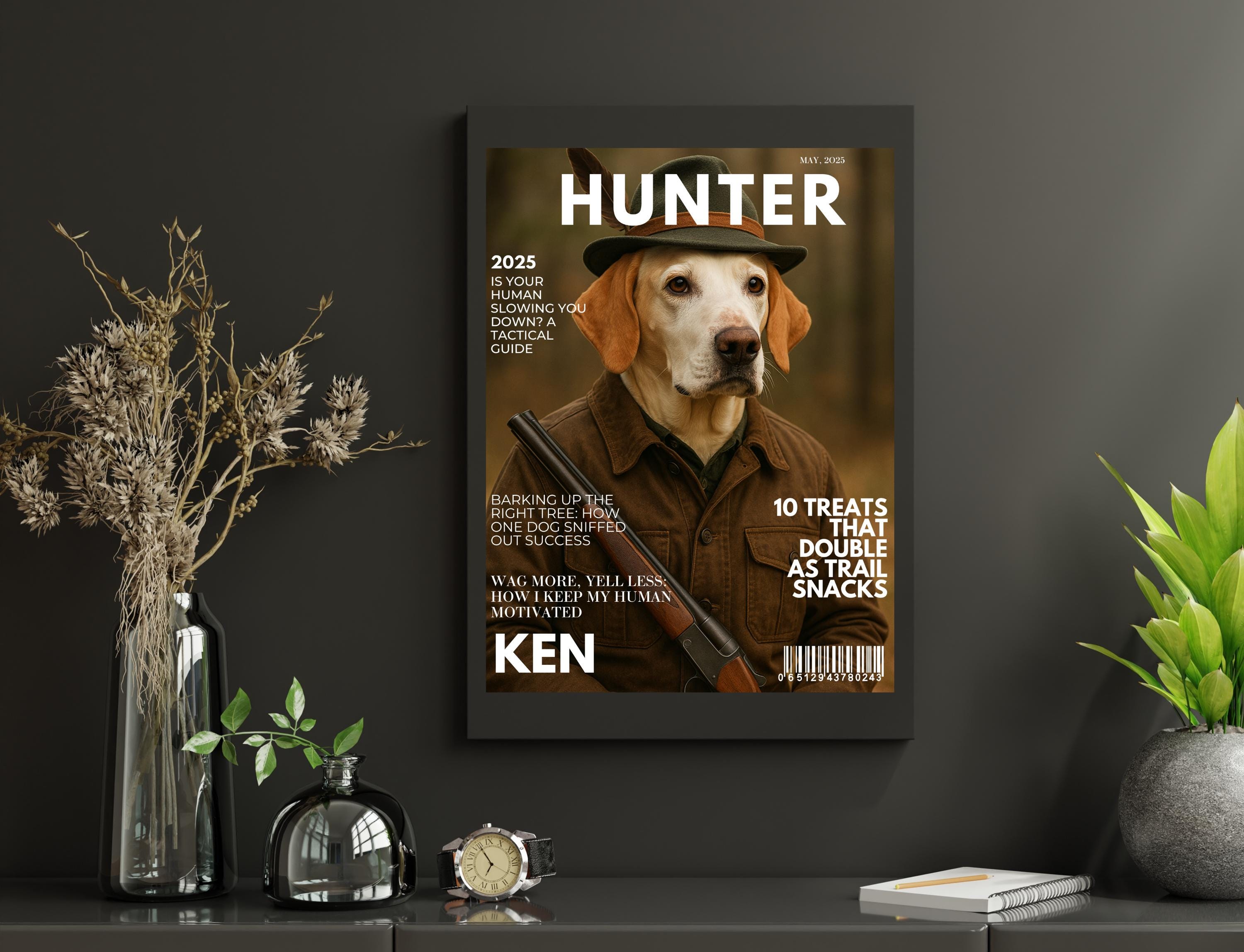 Custom Hunter Dog Poster – Funny Pet Portrait as Hunter Magazine Cover – Personalized Gift for Dog Lovers & Cabin Decor