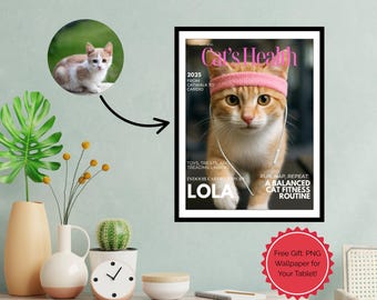 Custom Pet Fitness Magazine Cover Poster, Dog or Cat on Treadmill Art, Funny Gift, Personalized Wall Decor, Pet Lover Home Print