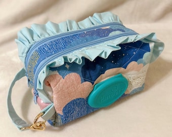 Personalized Baby Wipes Pouch, Embroidered Name Wipes Holder with Hook & Clasp, Blue Double Zipper Ruffle Case, Choose Your Wipes Brand