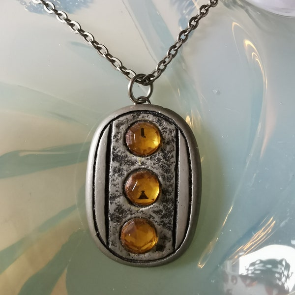 Design R.A Ottosson modernist Large Pendant Necklace of pewter and glass stone Tenn Sweden 1980's.