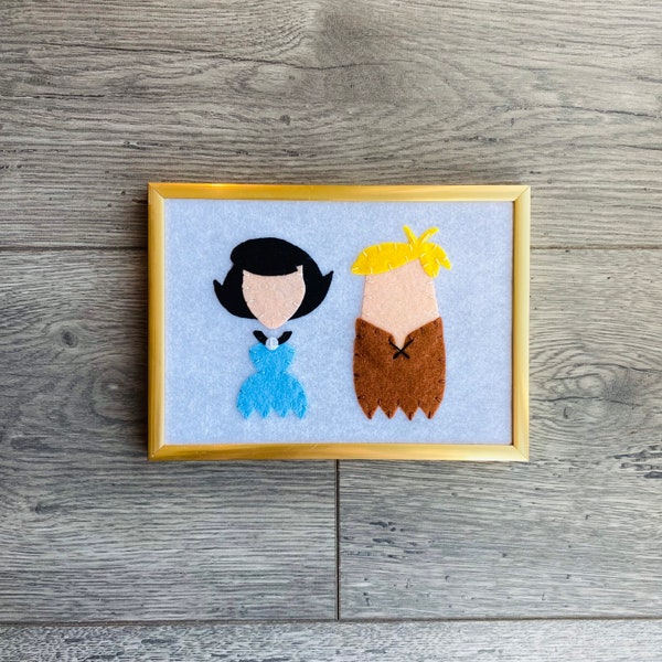 Blonde Caveman and Black Haired Cavewoman - Mini Characters - Hand Appliquéd Felt Wall Art (5x7 Gold Frame Included)