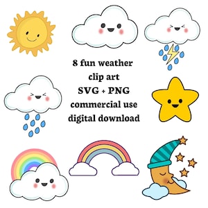 Tampons météo - 8 mignons cliparts météo, autocollants, svg, png, nuages, étoile, lune, arc-en-ciel, téléchargement numérique, travaux manuels, scrapbooking