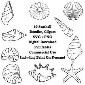 Può includere: Un set di dieci disegni in bianco e nero di conchiglie, una stella marina e un riccio di mare. I disegni sono semplici e fantasiosi, perfetti per l'uso in artigianato, scrapbooking o design digitale.