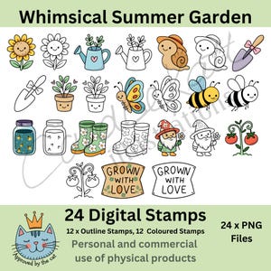 Garten Digitale Briefmarken – wunderliche Sommer Cliparts mit Gnom, Bienen, Blumen, Schnecken, Schmetterlingen, Stiefeln – PNG für Kartenherstellung & zum Basteln