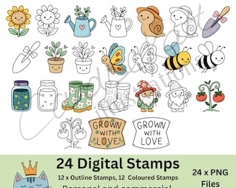 Whimsical Garden Digital Stamps: Gnome, Bees, Flowers Clipart (PNG Download)