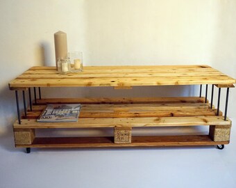 Wooden coffee table, lowboard made of pallet and steel rods