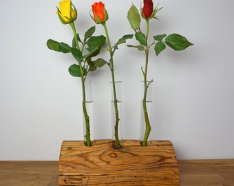 Vase wood, beam with 3 glass vases