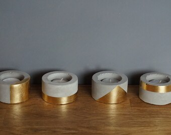 Set of 4 concrete candle holders with gold accents, hand-gilded