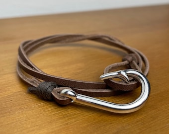 Leather strap with large fishing hooks in brown or black, gift for anglers