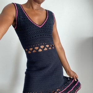 Vintage Black Cut Out Crochet Knitted Dress with Pink Details image 1