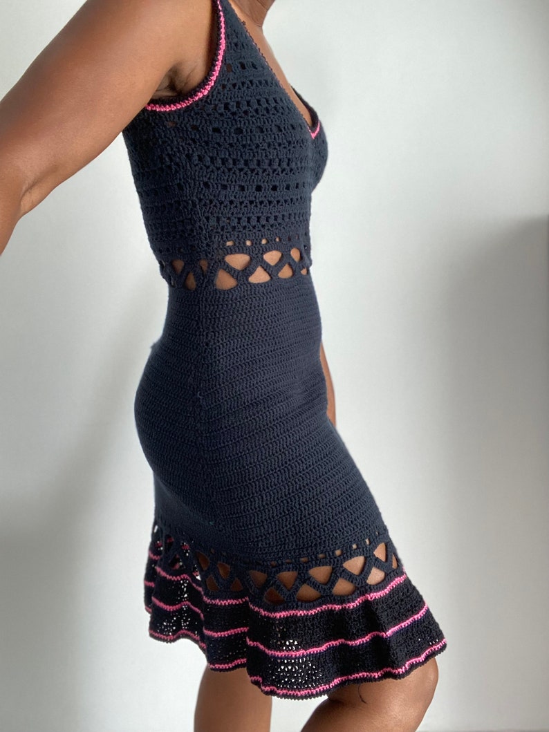 Vintage Black Cut Out Crochet Knitted Dress with Pink Details image 4