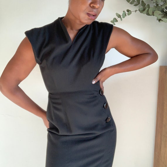 50's Black Wool Pencil Dress with Button Detail