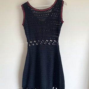 Vintage Black Cut Out Crochet Knitted Dress with Pink Details image 6