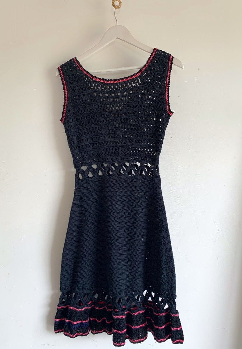 Vintage Black Cut Out Crochet Knitted Dress with Pink Details image 6