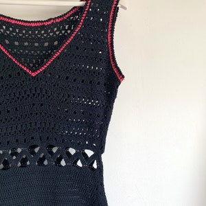 Vintage Black Cut Out Crochet Knitted Dress with Pink Details image 7