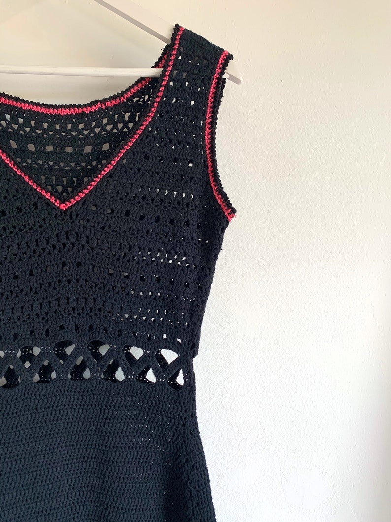 Vintage Black Cut Out Crochet Knitted Dress with Pink Details image 7