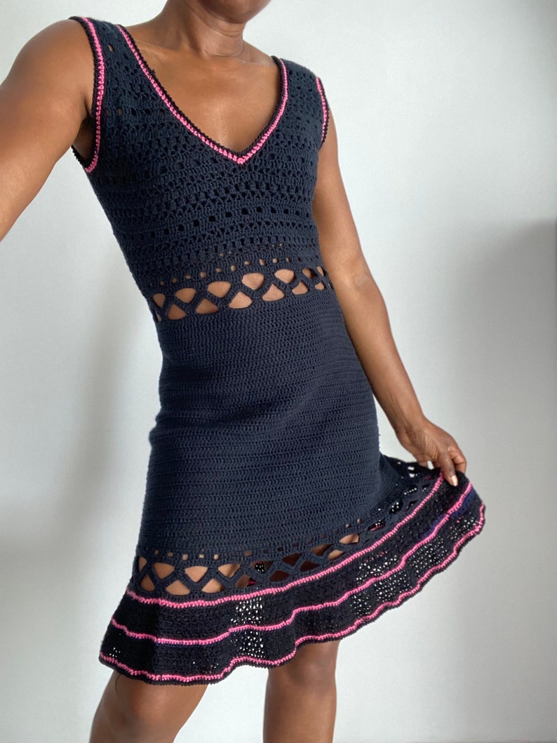 Vintage Black Cut Out Crochet Knitted Dress with Pink Details image 1