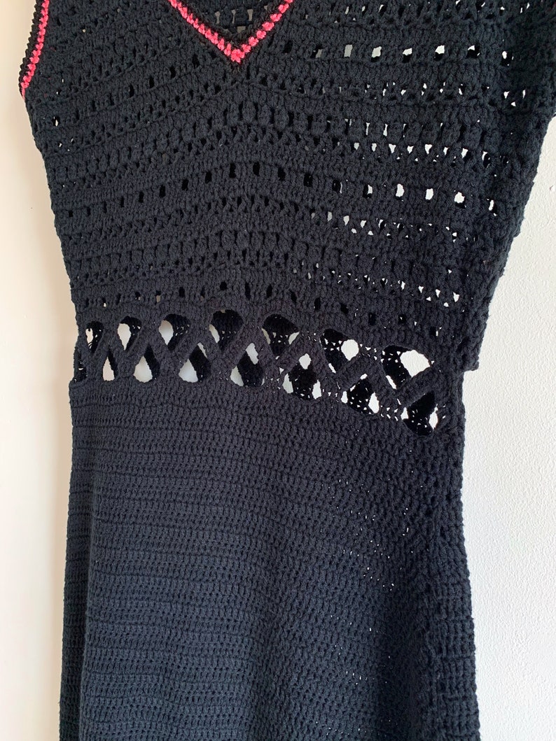 Vintage Black Cut Out Crochet Knitted Dress with Pink Details image 8