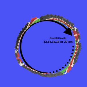 May include: A colorful beaded bracelet with black, red, green, and white beads. The bracelet is shown in a circle with an arrow pointing to the circumference. The text "Bracelet length 12,14,16,18 or 20 cm" is below the arrow.