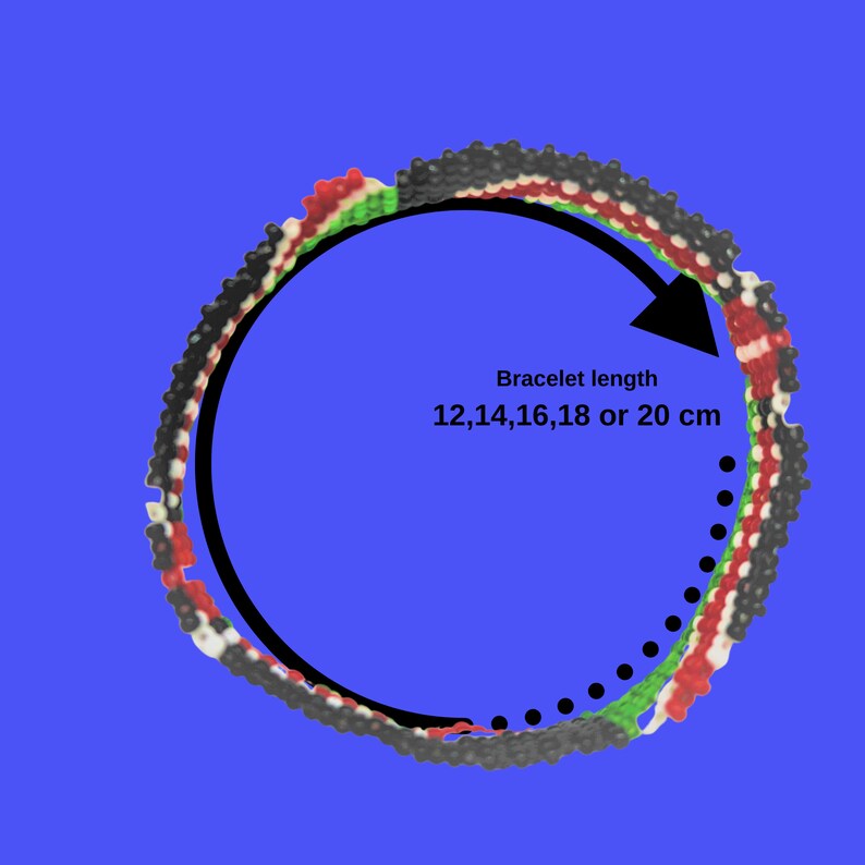 May include: A colorful beaded bracelet with black, red, green, and white beads. The bracelet is shown in a circle with an arrow pointing to the circumference. The text "Bracelet length 12,14,16,18 or 20 cm" is below the arrow.