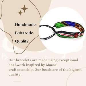 May include: A colorful beaded bracelet with a black cord. The beads are arranged in a pattern that resembles a flag. Handmade. Fair trade. Quality.