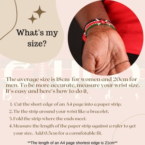 May include: Instructions on how to measure your wrist size for a bracelet. The average size is 18 cm for women and 20 cm for men.  The text also states that the length of an A4 page shortest edge is 21 cm.