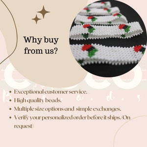 May include: A close-up of several white beaded bracelets with red, green, and black accents. The bracelets are arranged in a row, with the top bracelet slightly out of focus. The text "Why buy from us?" is visible in the background.