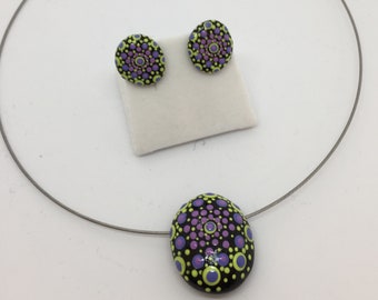 Mandalastein jewelryset-Necklace with pendant + stud earrings