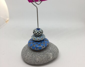 Zen Tower, Stone Tower, Photo Clip, Card Holder, Photo Holder, Blue Dots