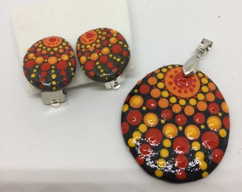 Mandalasteine Jewelry Set: Pendants and EarClips Dot Painting Red/Orange/ Yellow