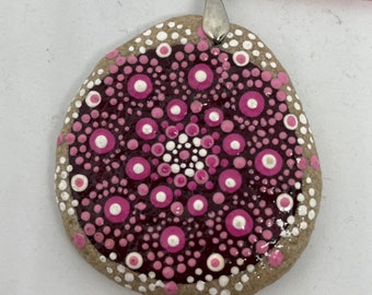 Mandala stone pendant, pink-white dots -unique