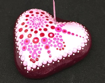 Card holder, photo holder, mandala stone, heart, dot painting pink