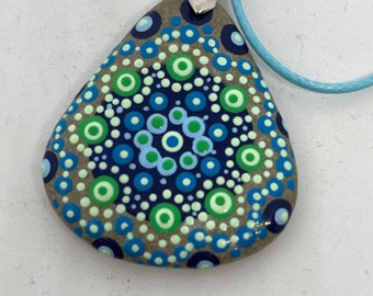 Mandala stone pendant, turquoise blue- green dots -unique