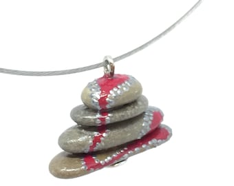 Stone Jewelry Stone Turret Zen Tower - Pendant, Riverstone Pendant on Metal Tire with Heart Dot Painting