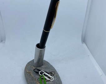 River stone pen holder with paper clip magnet