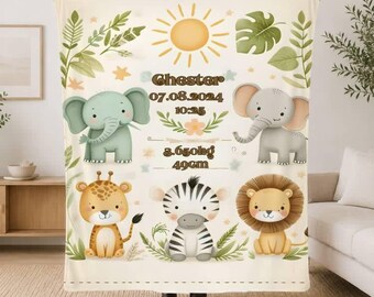 Personalisierte Safari-Babydecke, Dschungeltier-Kinderzimmerdekoration