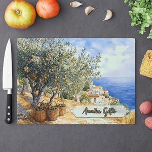 Olive Tree Glass Cutting Board: Greek Kitchen Decor Serving Tray