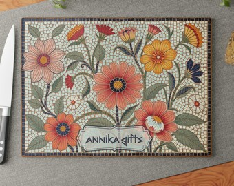 Tabla de cortar de vidrio templado con mosaico floral – Decoración rústica de cocina