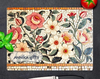 Tabla de cortar de vidrio templado con mosaico floral personalizado, decoración de cocina