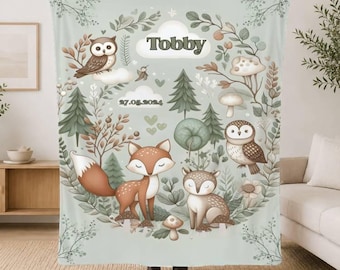 Copertina personalizzata per neonati, con animali del bosco, regalo personalizzato per neonati