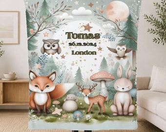Personalized Forest Animals Baby Blanket, Soft Flannel Throw