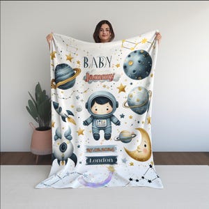 Personalized Baby Blanket Space Theme, Custom Name, Soft Newborn Gift, Astronaut Planets, Boy Gift, Kids Room,  New Baby Gift, Nursery Decor