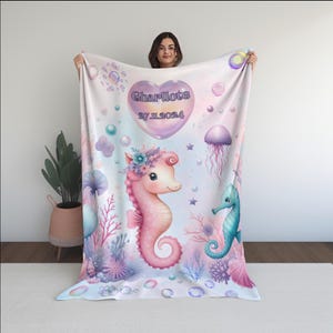Personalized Baby Blanket, Name and Birthdate, Pink and Purple Seahorse Design,Custom Newborn Gift, Soft Baby Girl Blanket, Nursery Decor