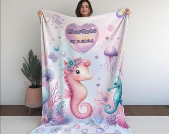 Personalized Baby Blanket, Pink Purple Seahorse Flannel, Custom Nursery Decor